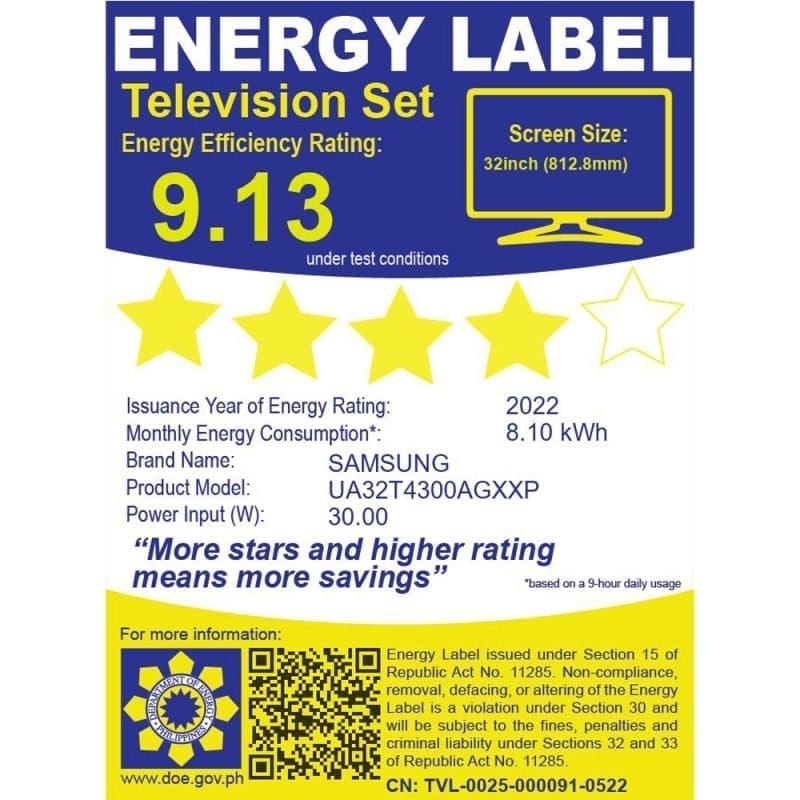 Energy efficiency rating of Samsung 32-inch T4300 HD Smart TV