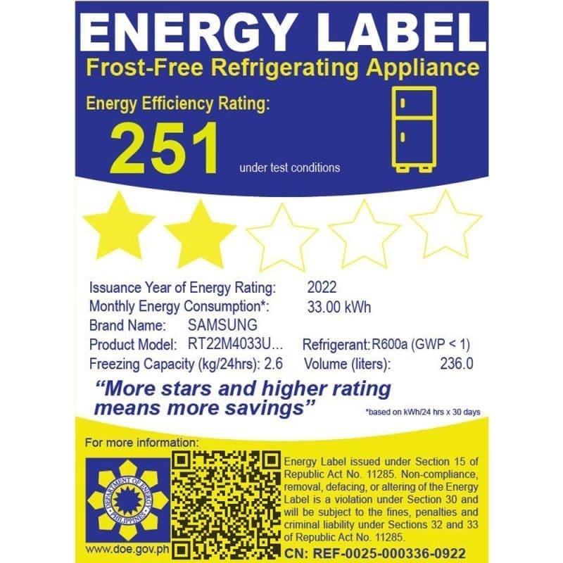 Samsung 8.4 cu ft Top Mount No Frost Inverter Ref Energy Label